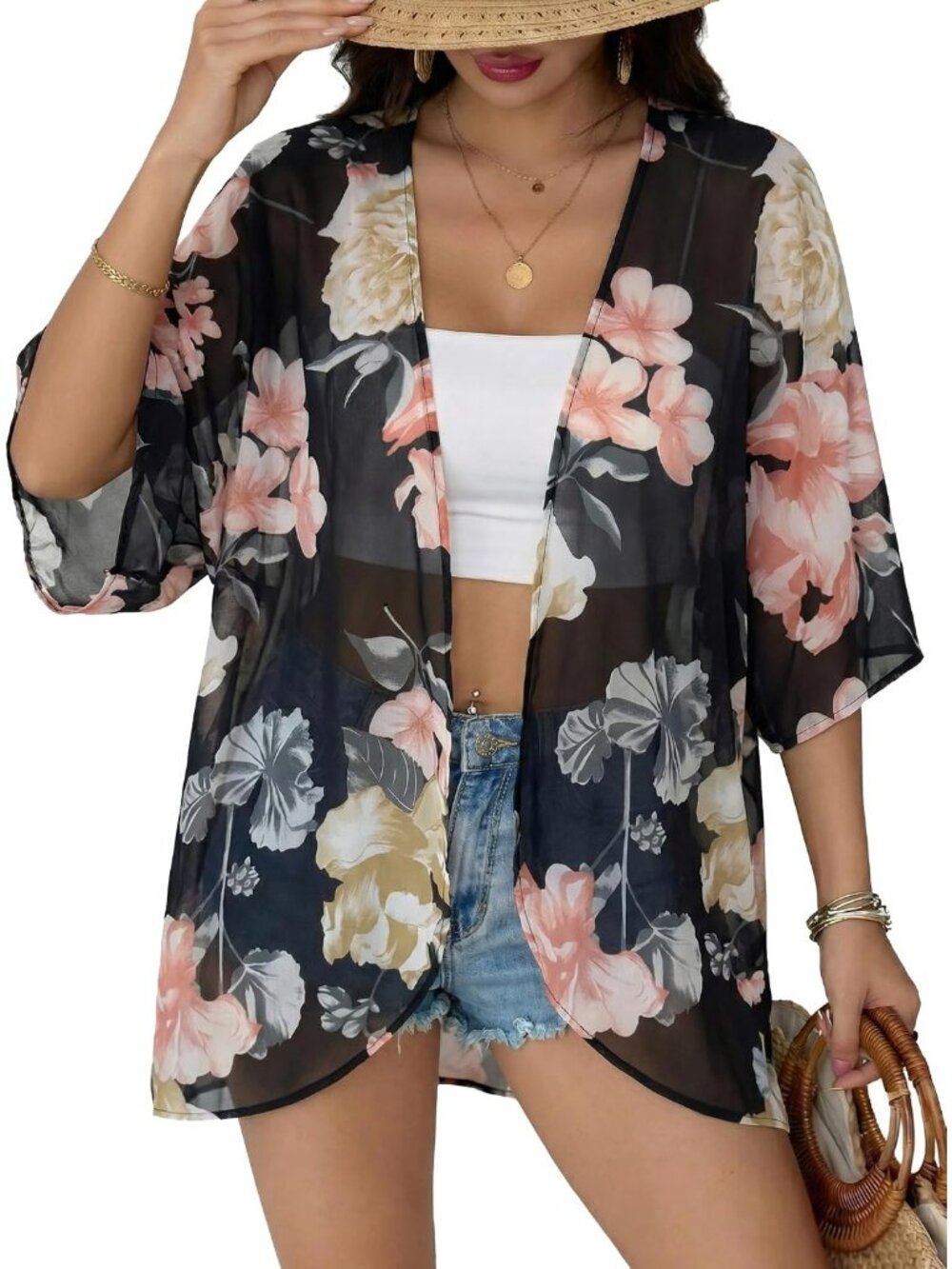 Women's Black Chiffon Kimono Cardigan Open Front Blouse Swimwear Cover Up